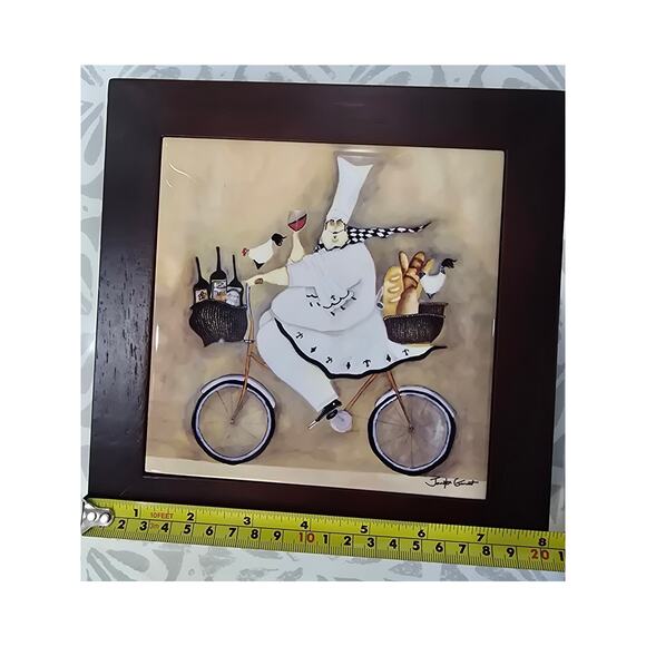 Jennifer Garant “Fat Chef on Bicycle” Framed Ceramic Tile – (2 Feet Missing) - Picture 9 of 10